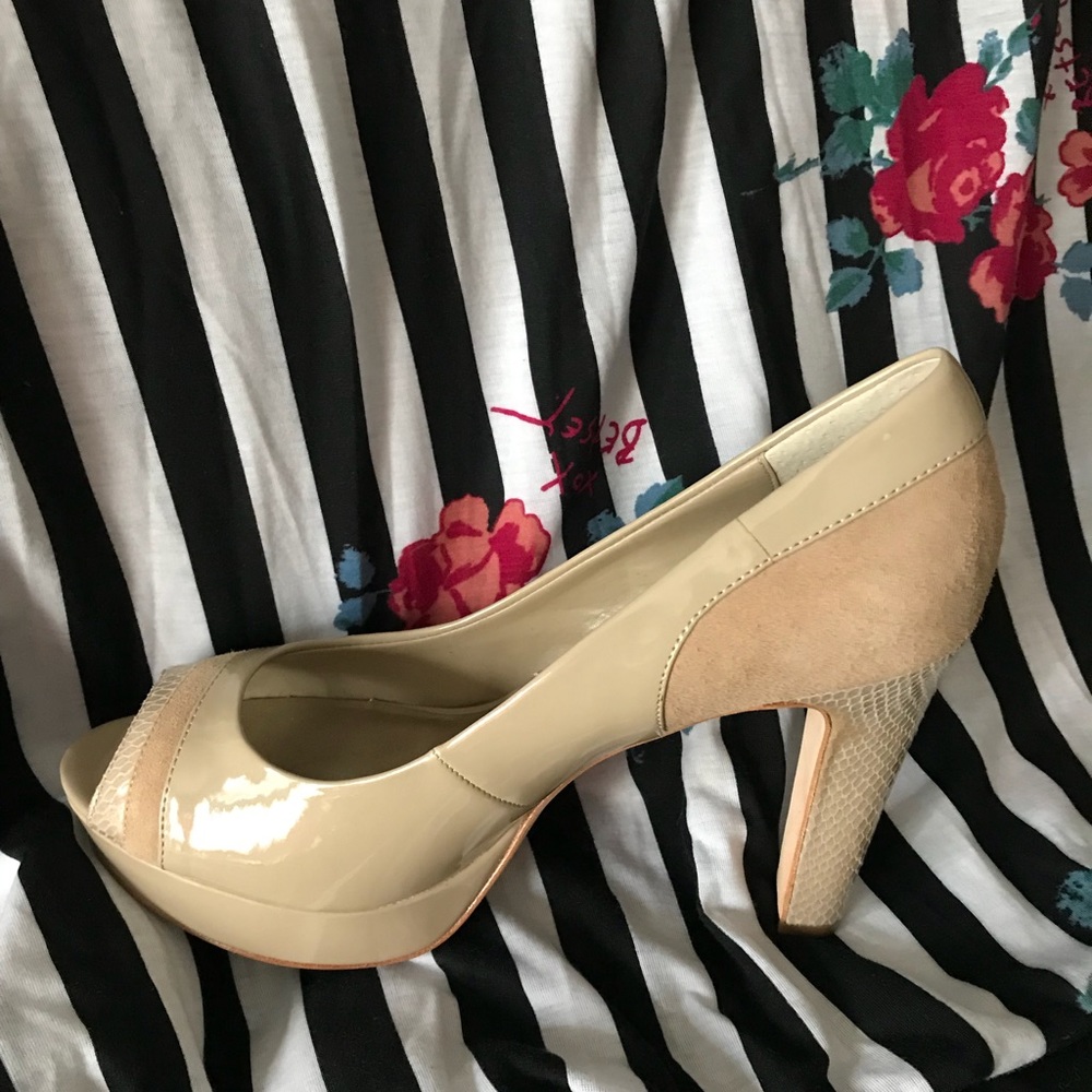 WHBM patent and snakeskin leather peep toe heels